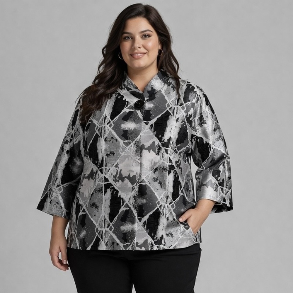 Ulla Popken Jacket Womens 18 Gray Black Abstract Jacquard Lined Short 3/4 Sleeve